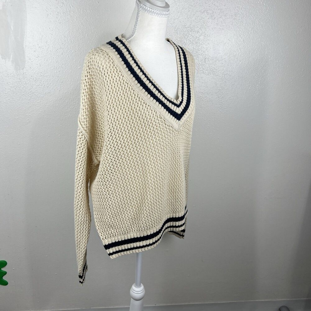 Arizona Sweater Women Large Beach Blue Varsity Pullover V-Neck Open Knit Casual - Picture 2 of 13